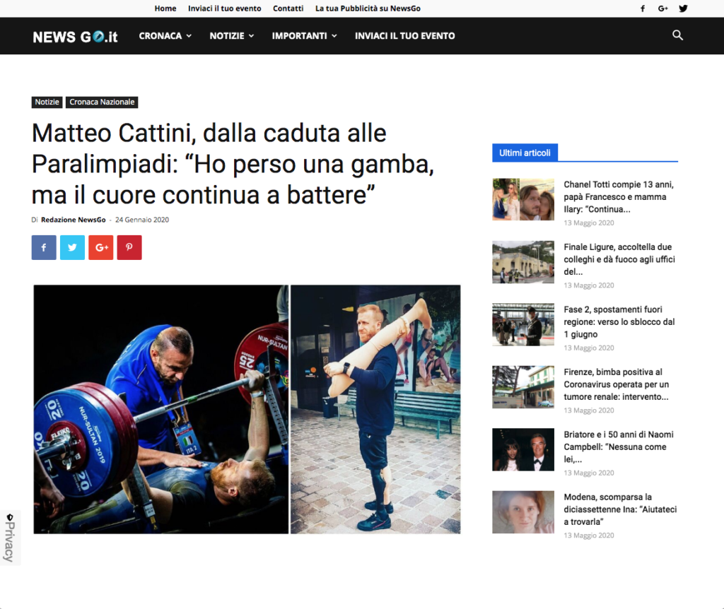 Matteo Cattini Atleta Paralimpico Capitano Nazionale Italiana Pesistica Paralimpica