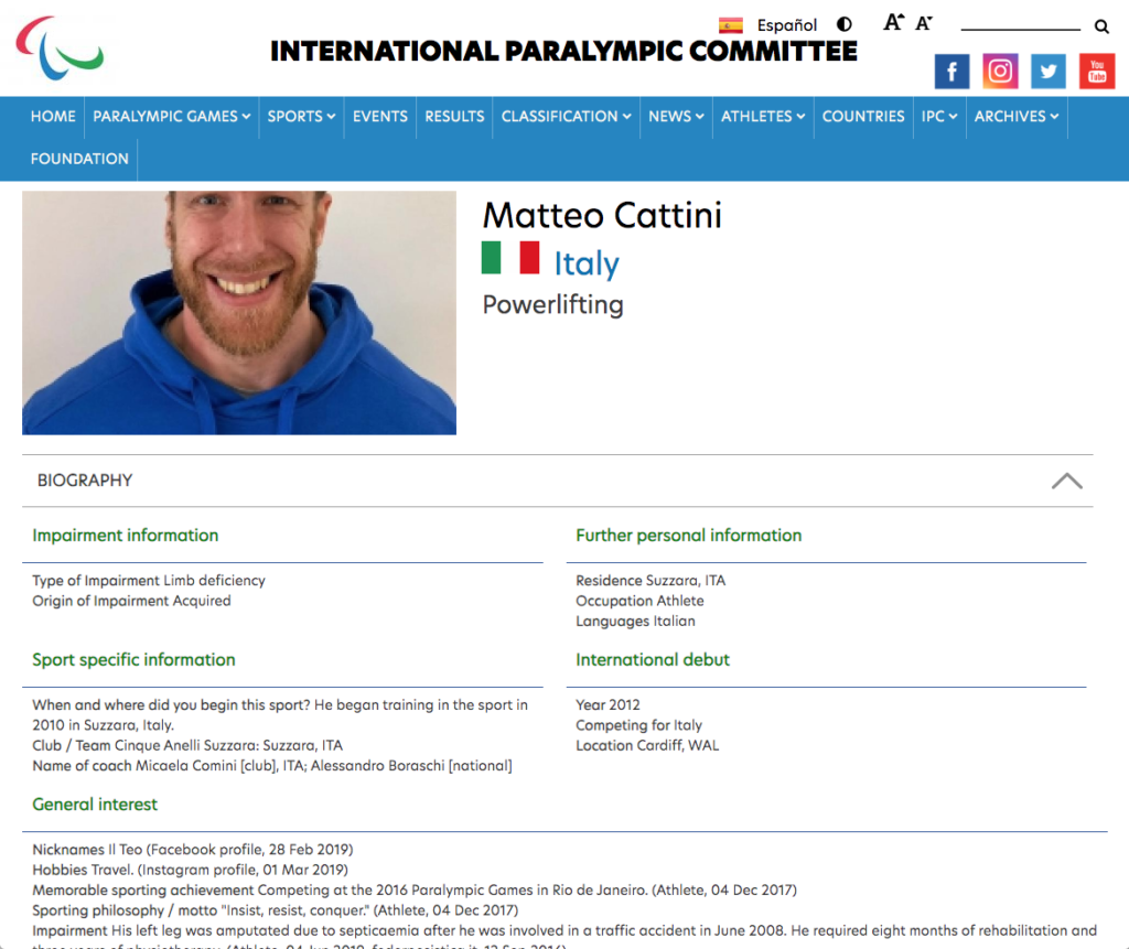 Matteo Cattini Atleta Paralimpico Capitano Nazionale Italiana Pesistica Paralimpica